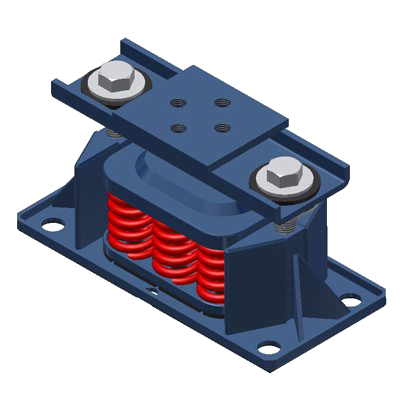 Blue and red Mason SLRSO Spring Mount within a rigid housing with two bolts and four bolt holes.