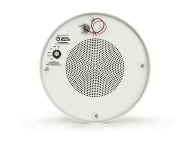 Sleek, round sound masking speaker for offices with open ceiling architecture.
